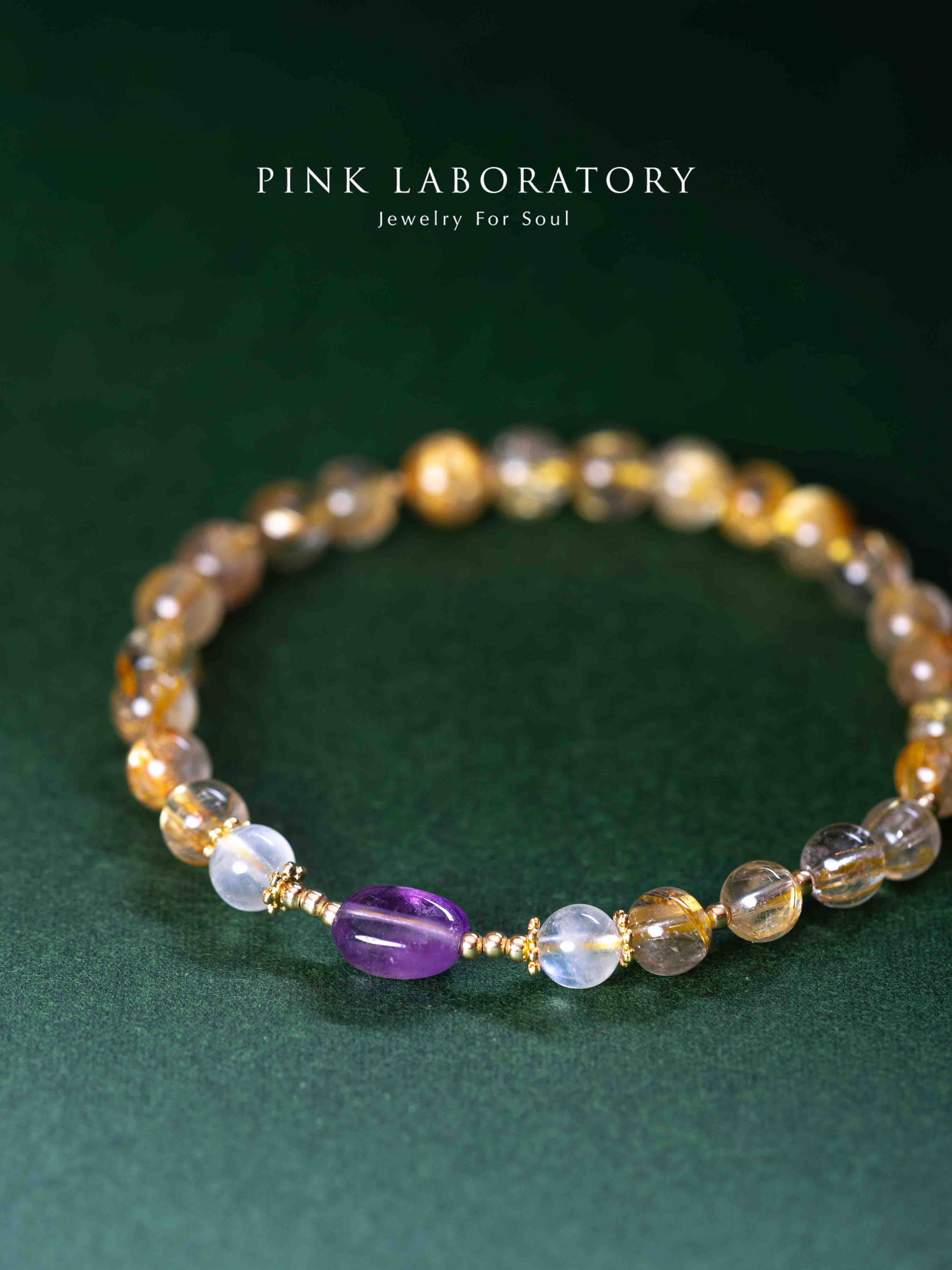 金髮晶紫水晶月亮石14K鍍金手鍊