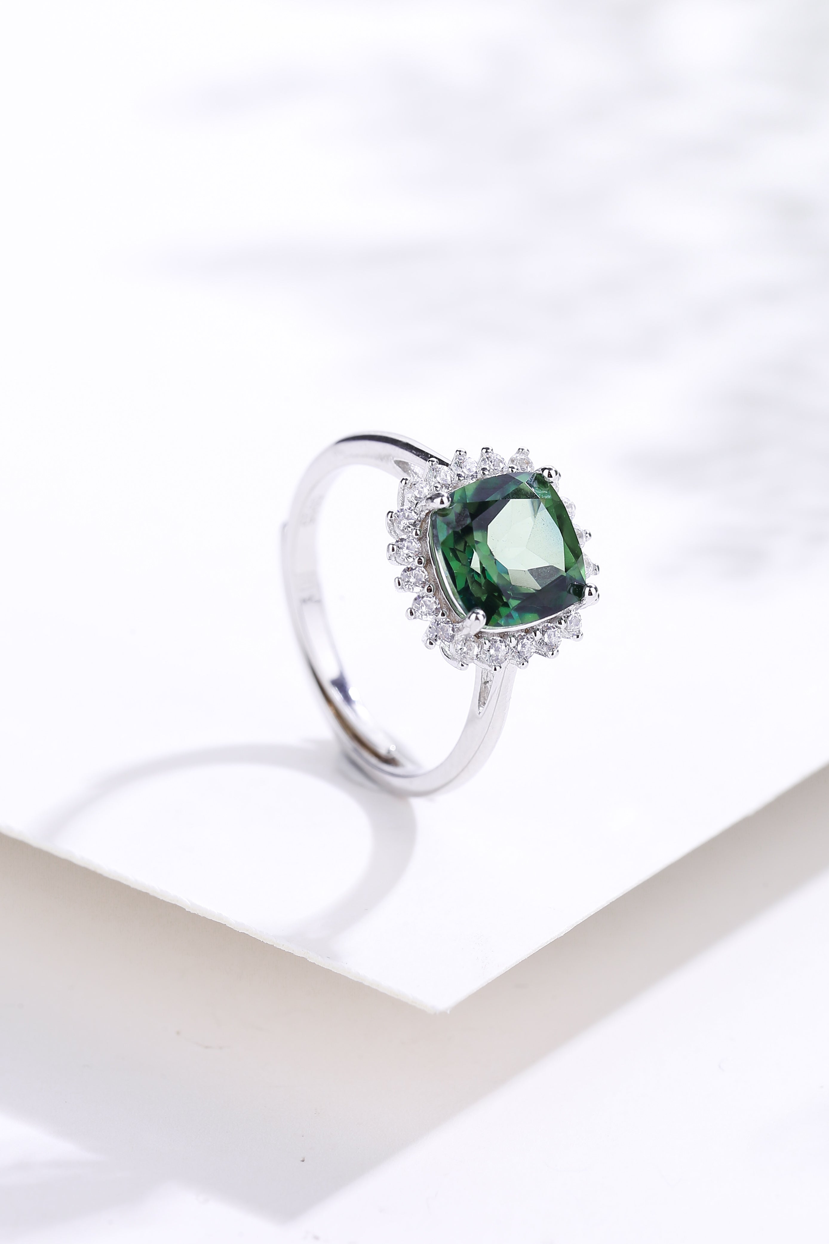 綠碧璽方形戒指 | 925純銀鍍白金