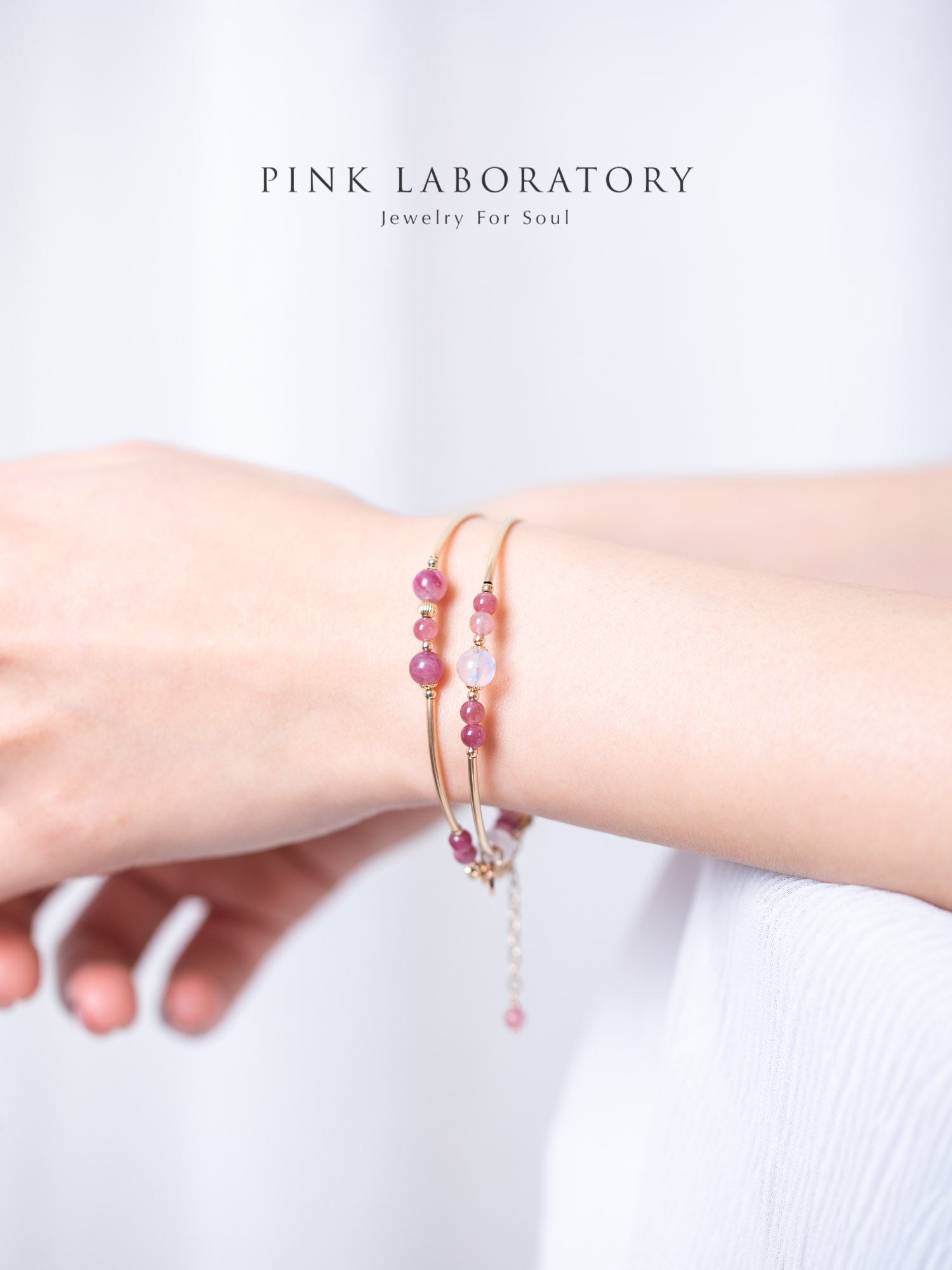 粉紅碧璽月光石雙圈14k包金手鍊