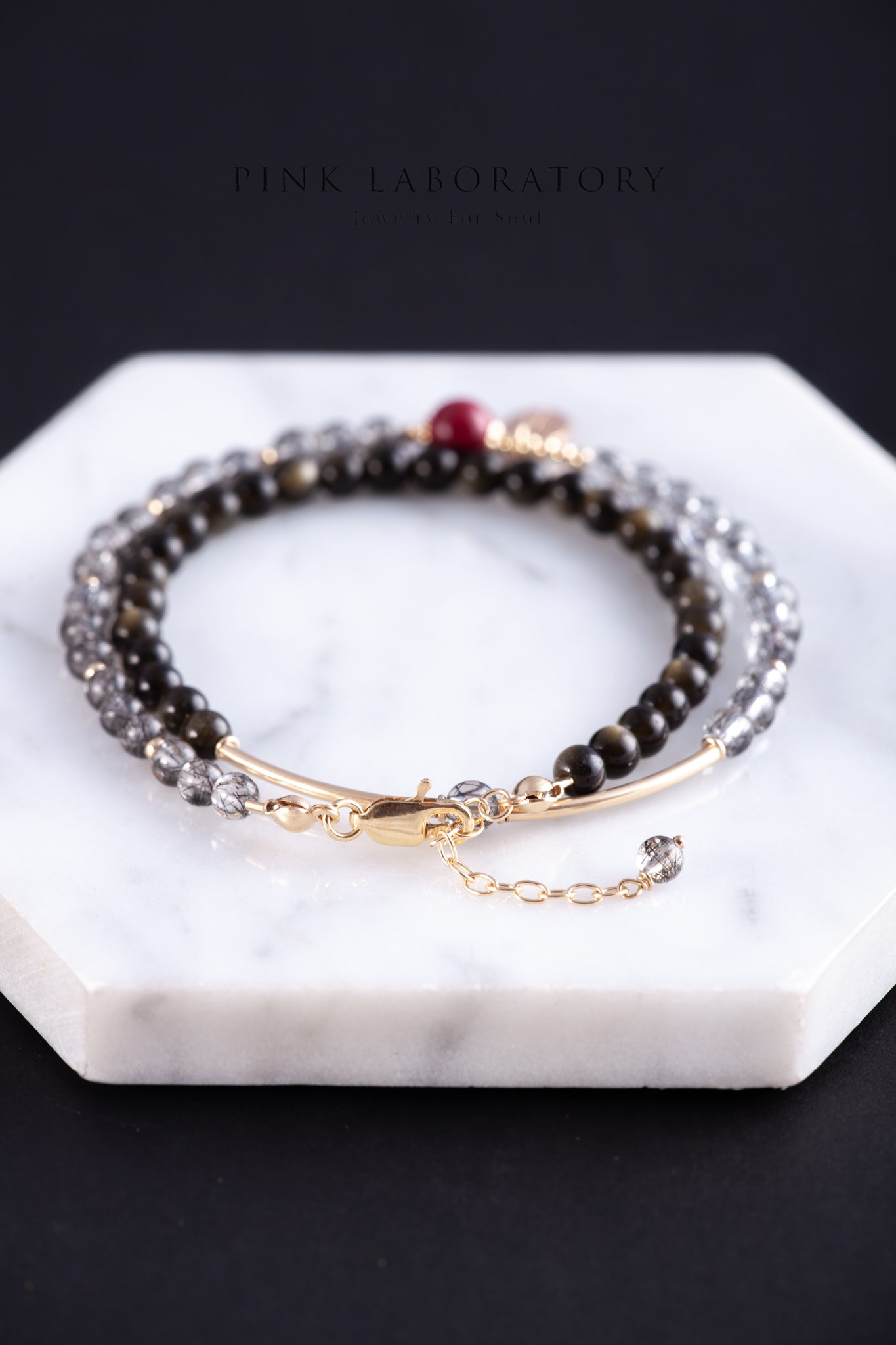 黑髮晶黑曜石硃砂4mm設計手鍊 | 辟邪防小人水晶