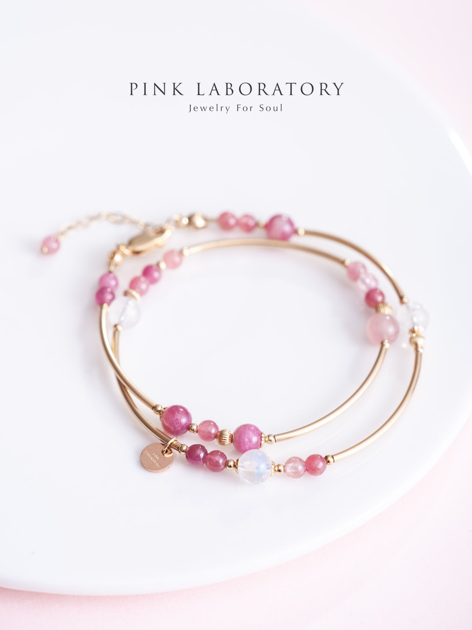 粉紅碧璽月光石雙圈14k包金手鍊