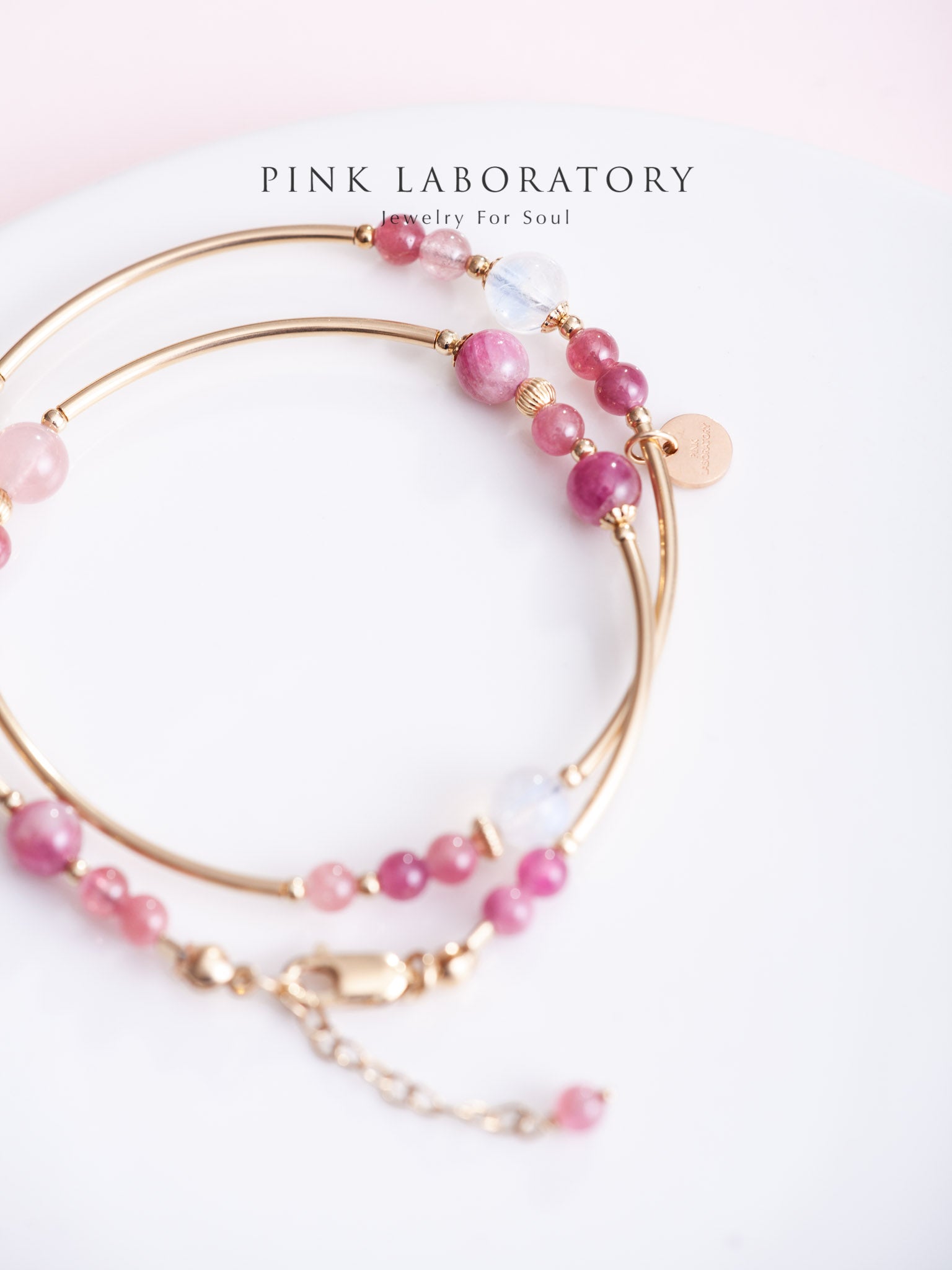 粉紅碧璽月光石雙圈14k包金手鍊