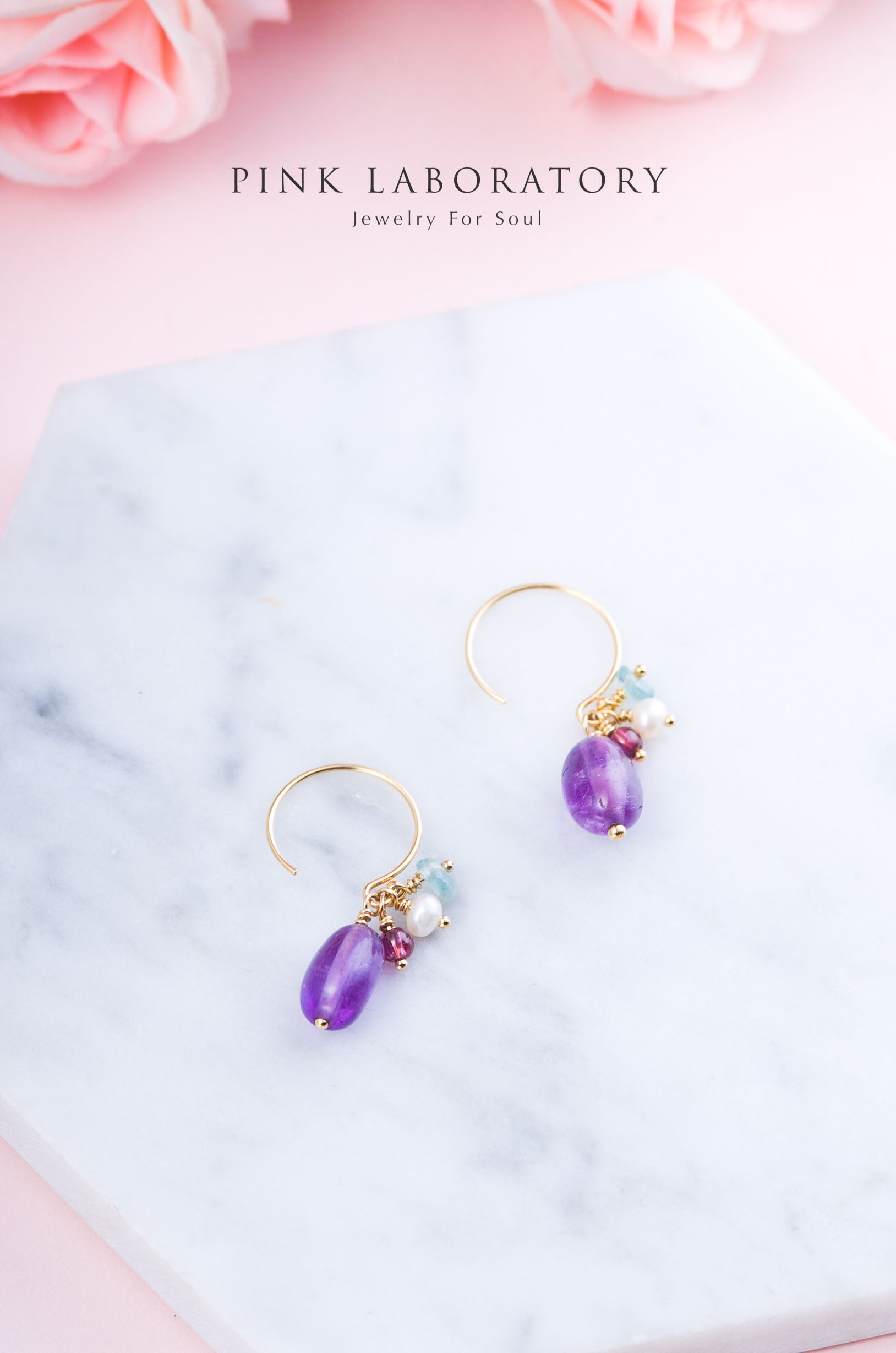 紫水晶石榴石耳環 | 14K包金 | 925純銀