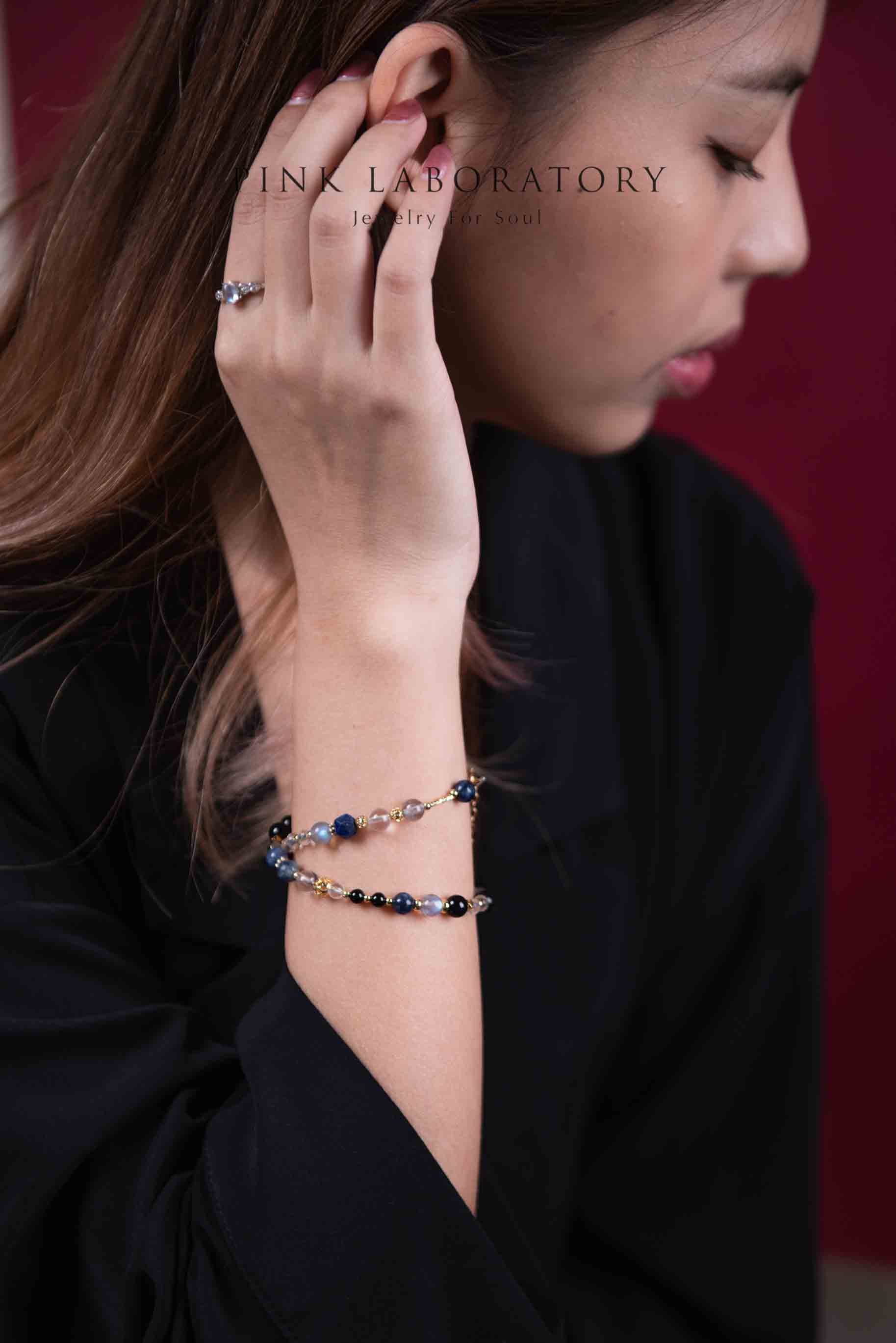 黑瑪瑙拉長石藍色兩圈手鍊