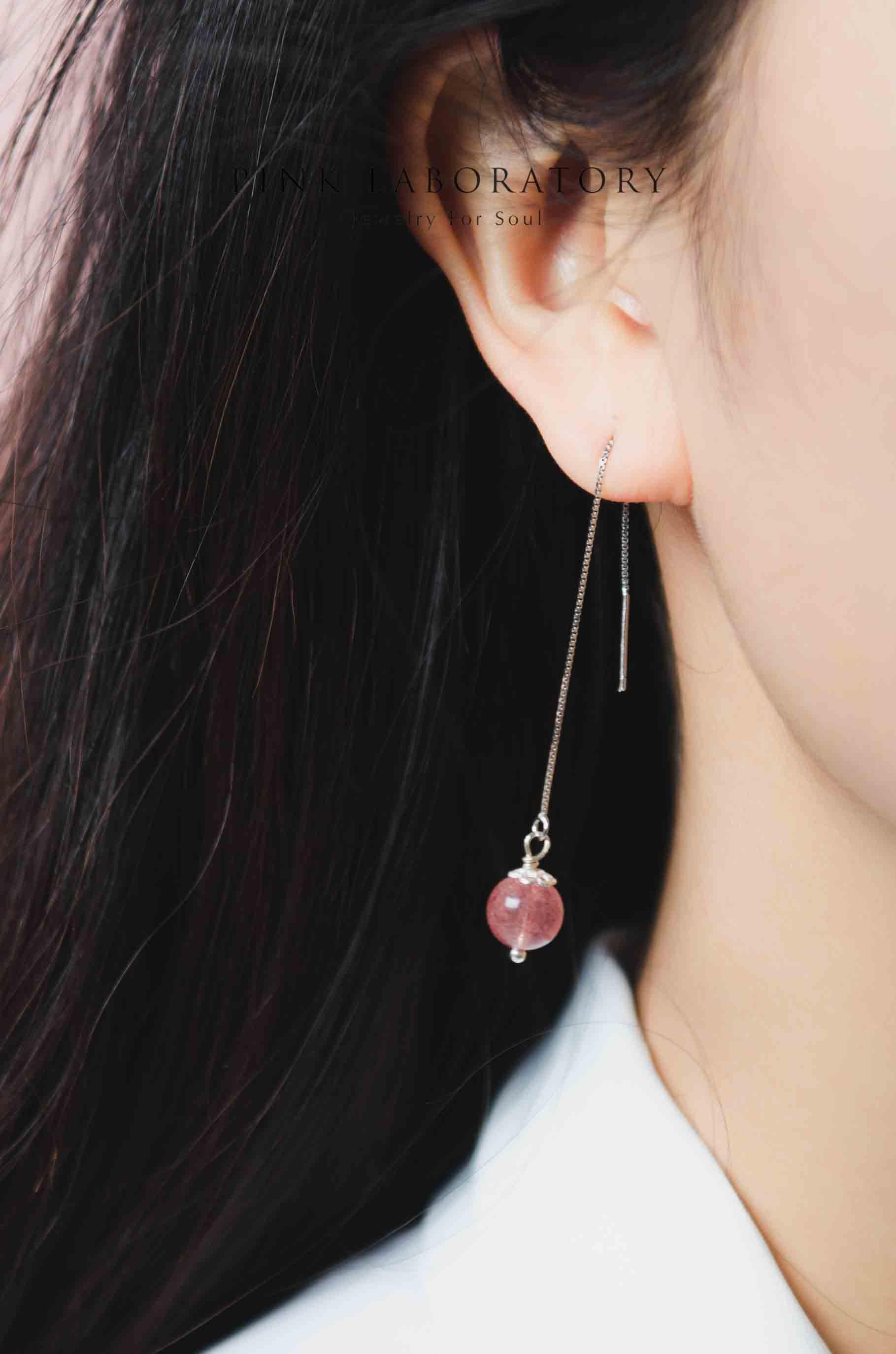 Strawberry Quartz Earrings 草莓晶925純銀鍍白金耳環 - Pink Laboratory