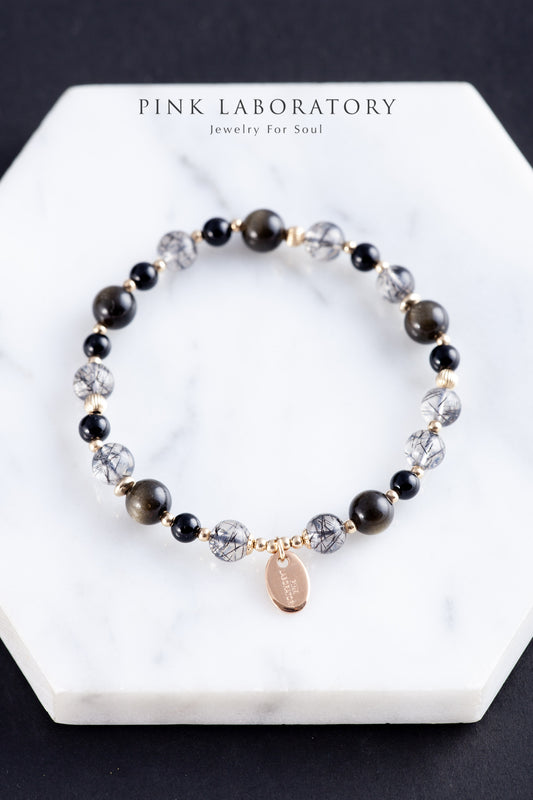 黑髮晶黑曜石14KGF混搭手鍊