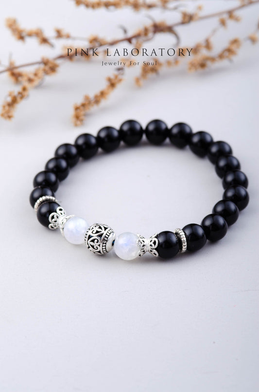 黑瑪瑙月光石手鍊 | 925純銀  | 8mm | 泰銀