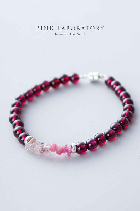 石榴石手鍊 | 草莓晶 | 粉碧璽 | 925純銀 | 單圈 - Pink Laboratory