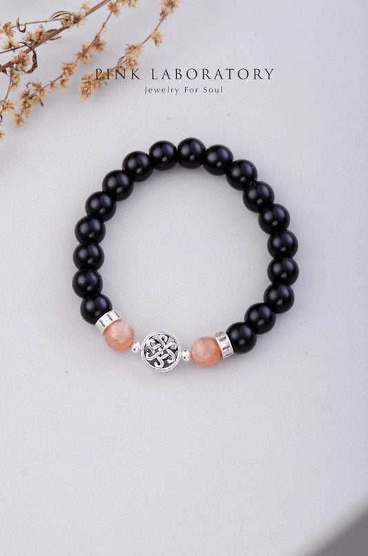 黑瑪瑙太陽石手鍊 | 925純銀泰銀 | 8mm - Pink Laboratory